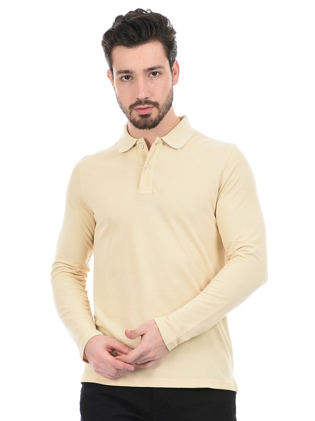 

ONEWAY Men Cotton Full Sleeves Polo T-Shirt, Beige