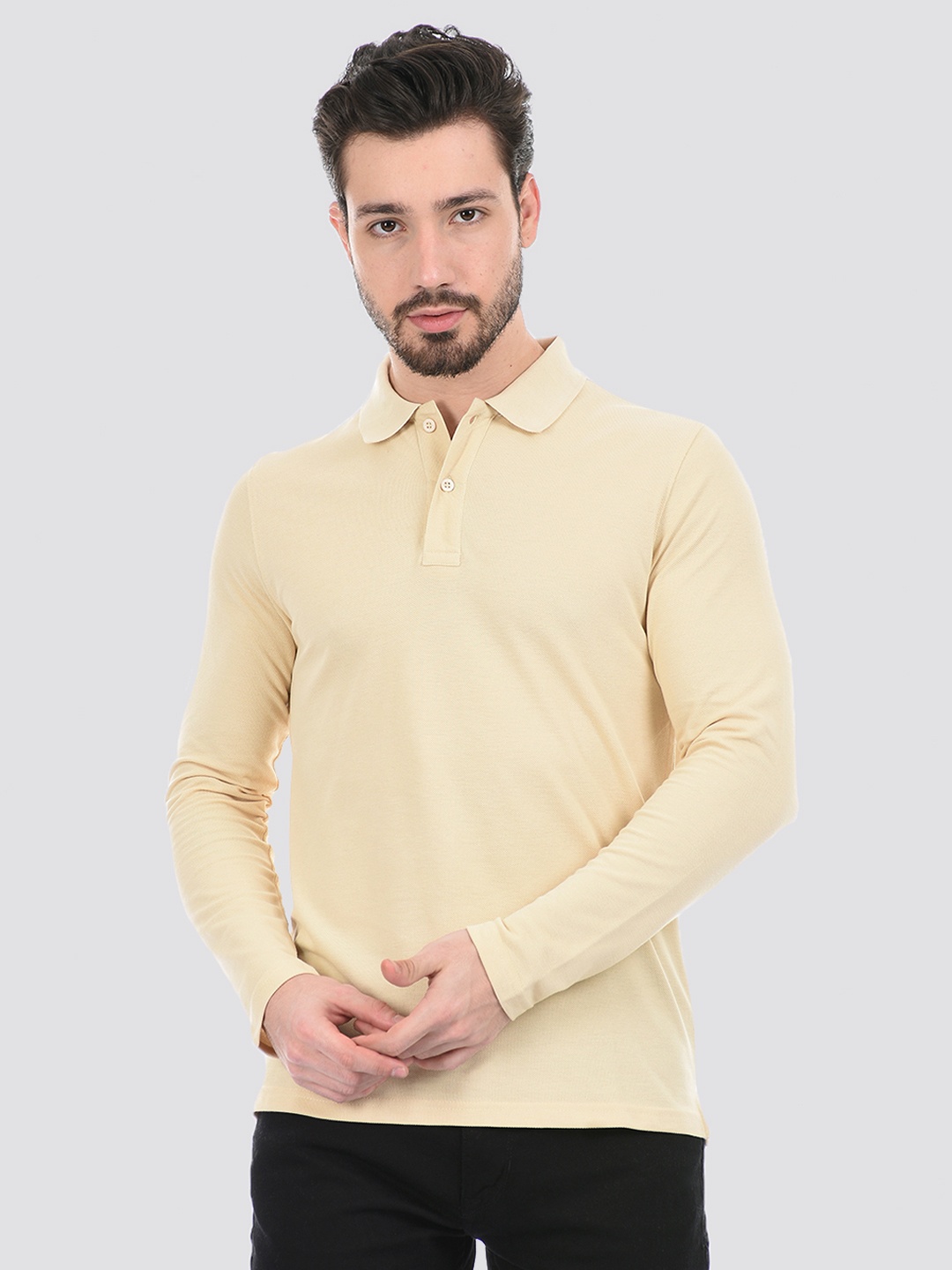 ONEWAY Men Solid Cotton Full Sleeves Polo T-Shirt, Beige