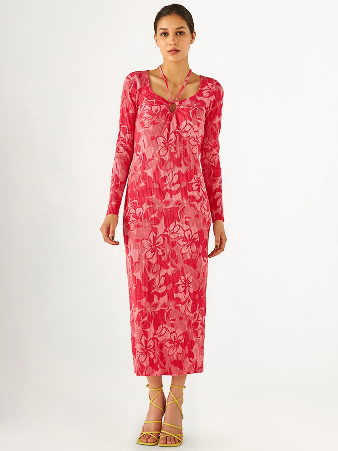 

COVER STORY Floral Printed Keyhole Neck Sheath Midi Dress, Red
