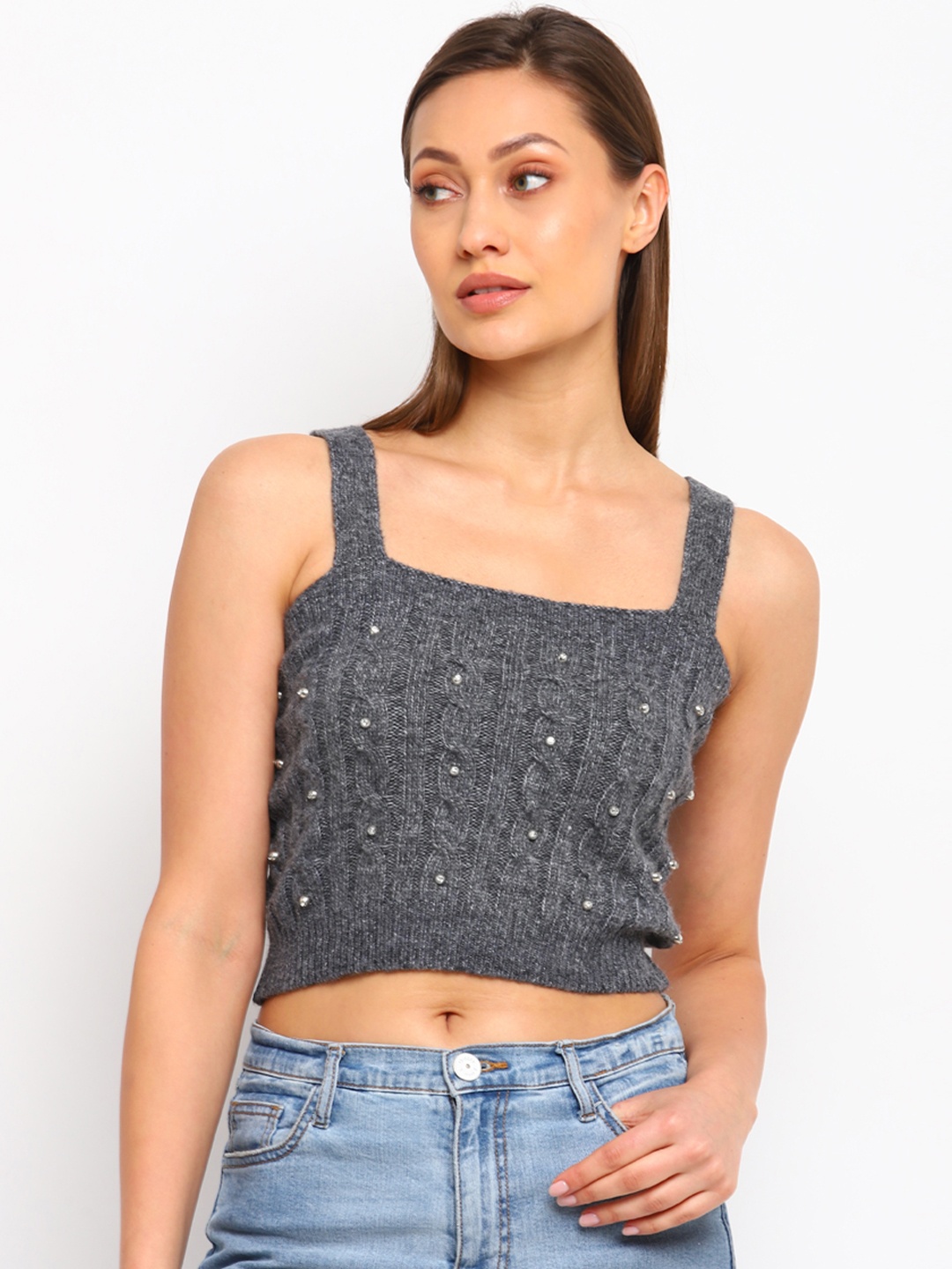 

COVER STORY Women Grey & White Cable Knit Crop Pullover with Embellished Detail