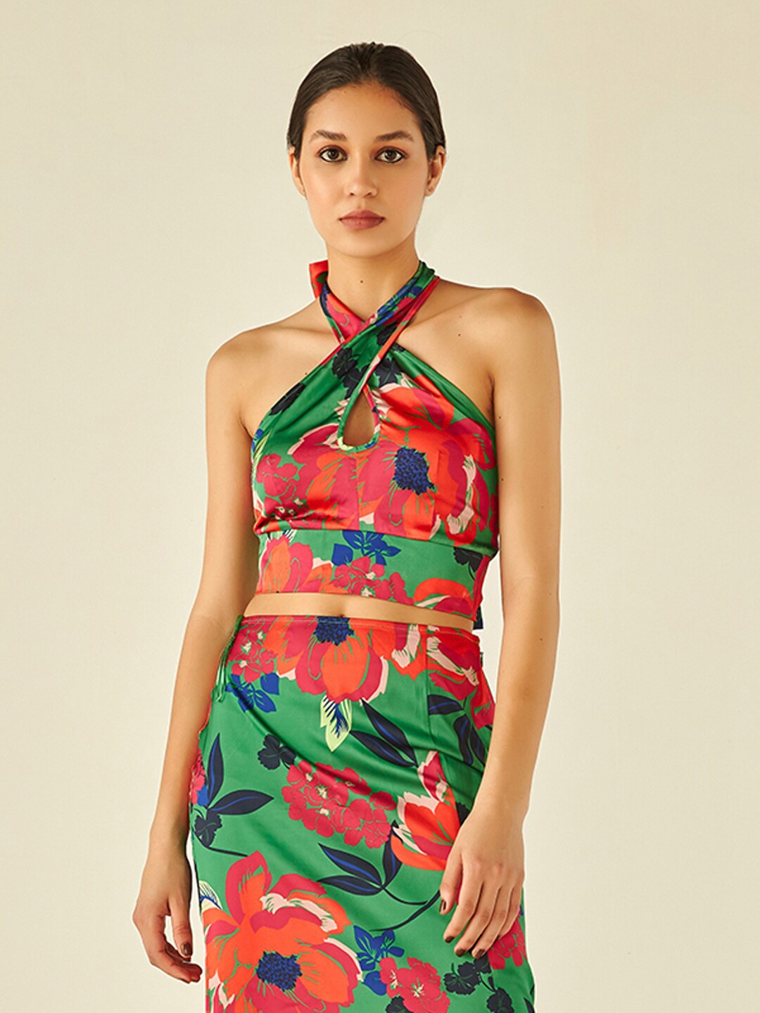 

COVER STORY Floral Print Halter Neck Top, Green