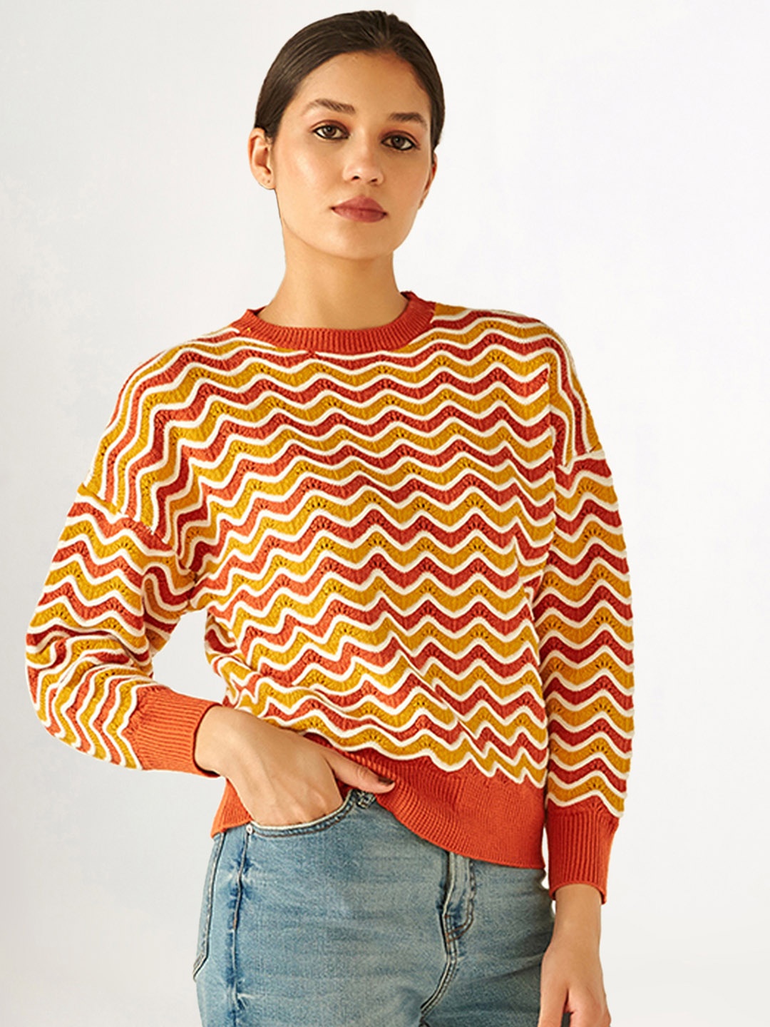 

COVER STORY Women Rust & Yellow Striped Crop Pullover