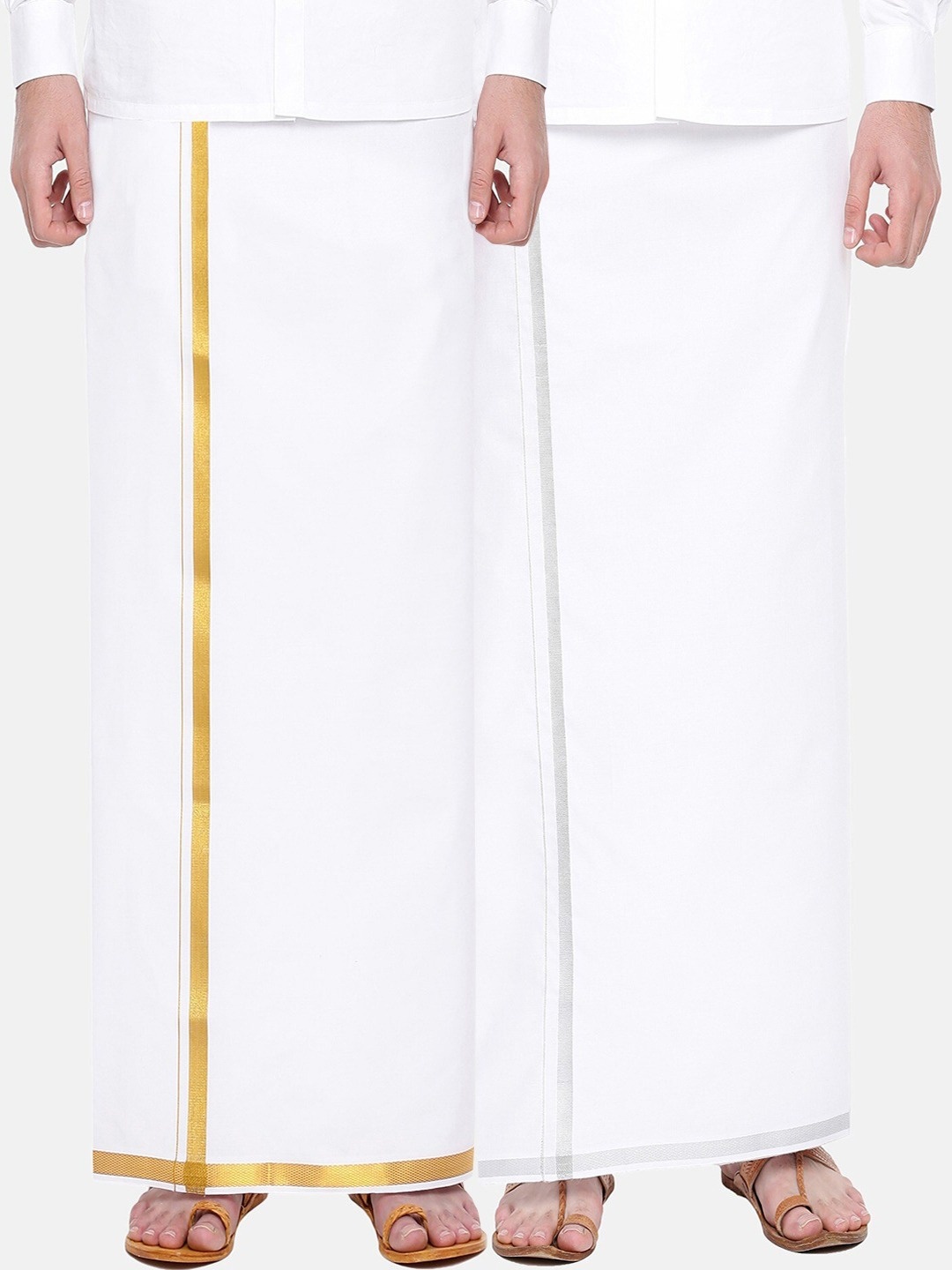 

Ramraj Men Pack Of 2 White Ethnic Dhoti with Gold & Silver Zari Border