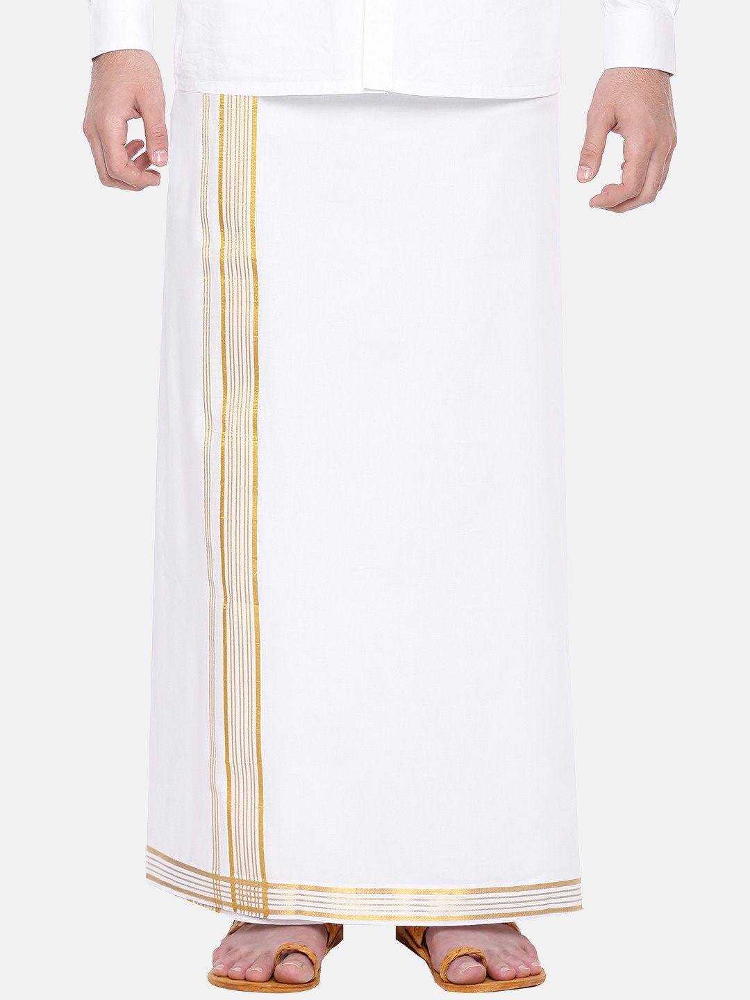

Ramraj Men Pure Cotton Dhoti Gold Zari Border, White