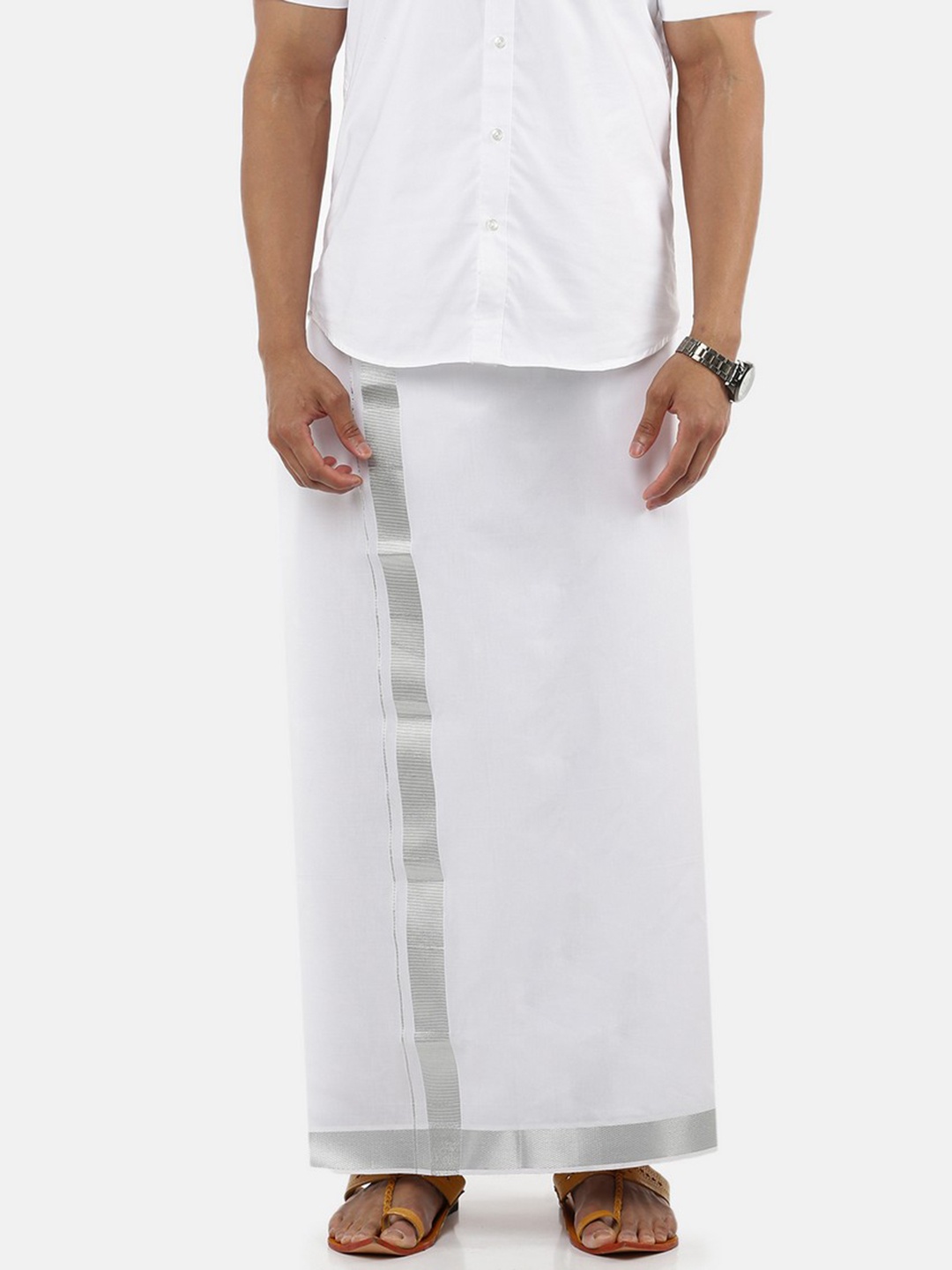 

Ramraj Mens Single Layer Cotton White Dhoti with Silver Jari Border, Cream