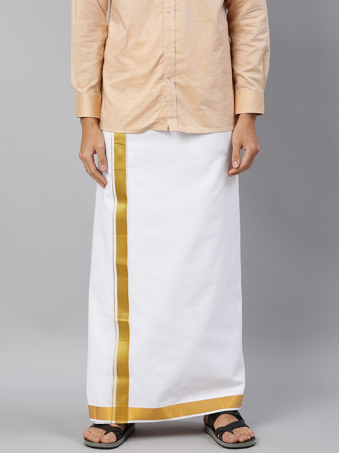 

Ramraj Men Pure Cotton Double Layer Dhoti with Gold Jari Border, White