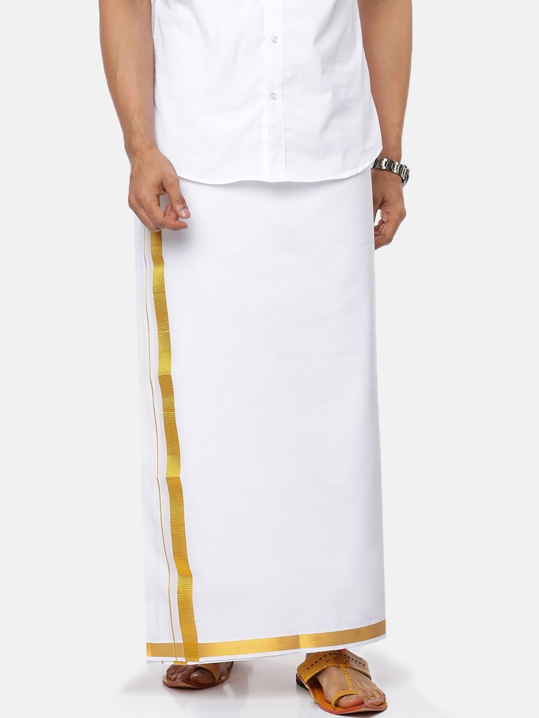 

Ramraj Pure Cotton Dhoti Gold Zari Border, White