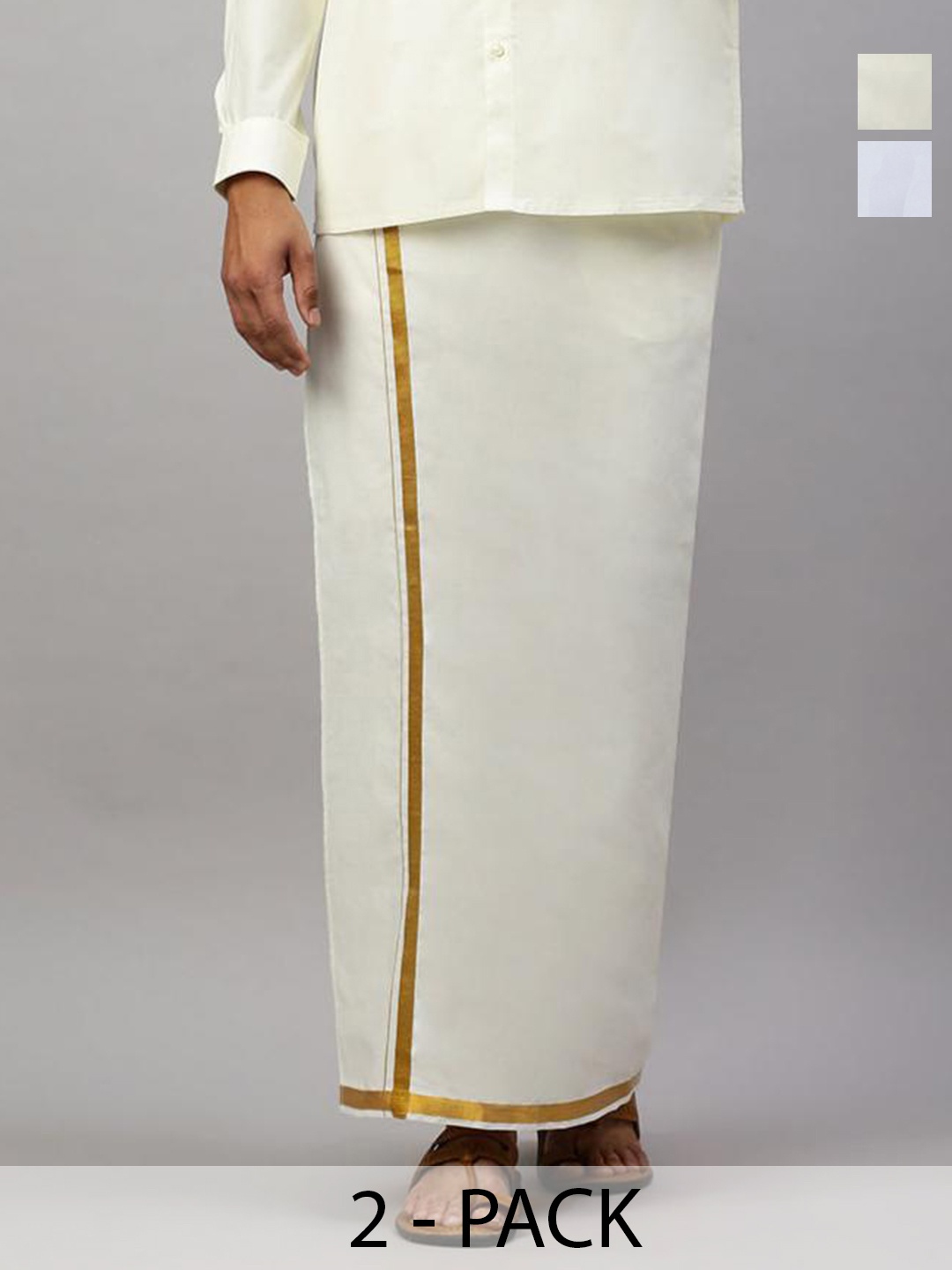 

Ramraj Pack of 2 Men Cotton Single Layer White Dhoti with Gold Jari Border