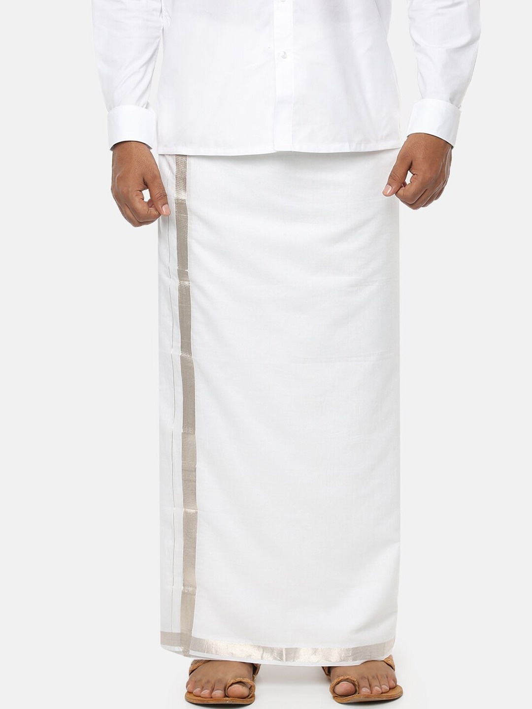 

Ramraj Men Pure Cotton Solid Silver Jari Dhoti with Fancy Border, White