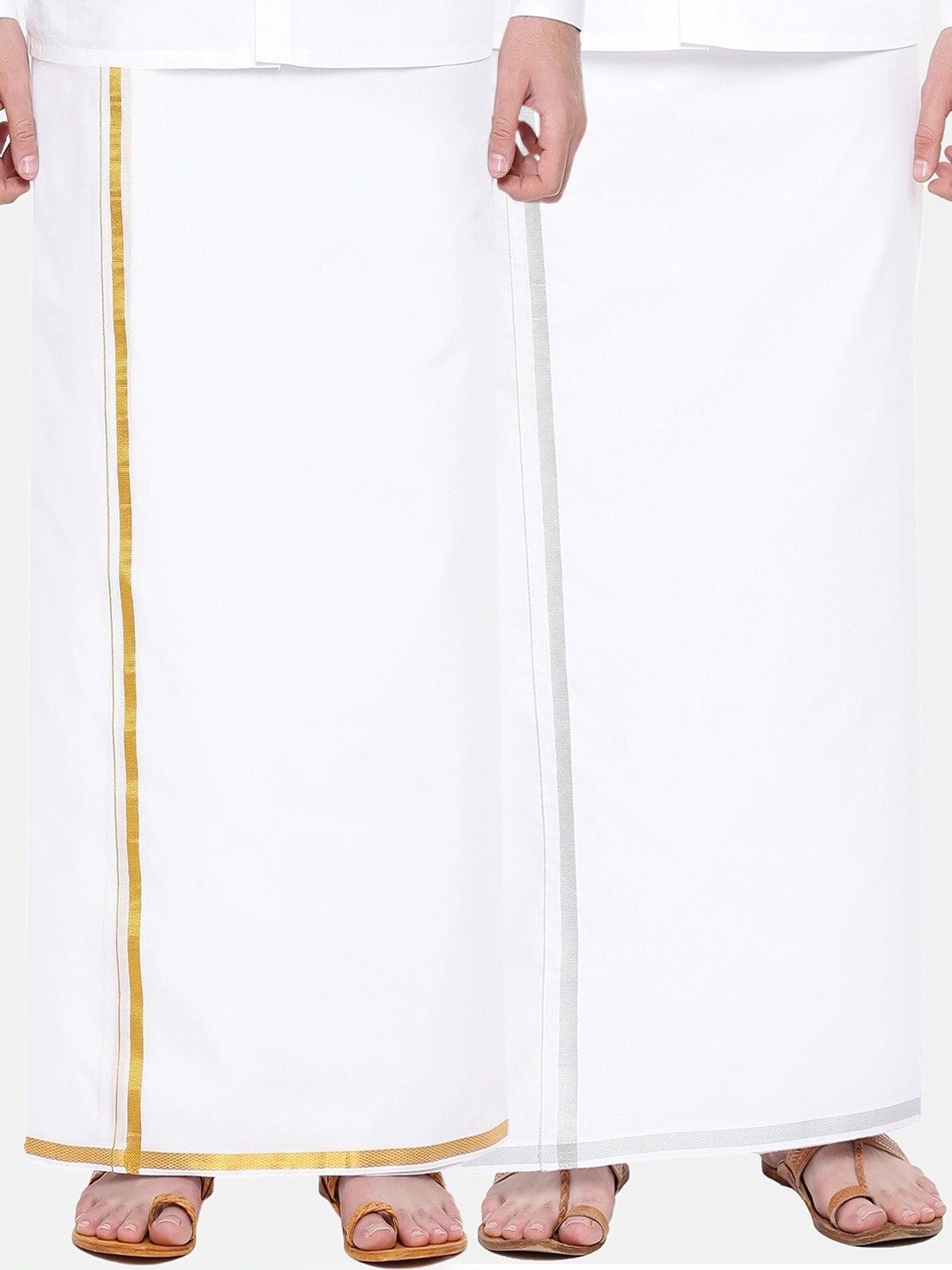 

Ramraj Men Pack of 2 Ethnic Dhotis Gold jari and Silver jari, White