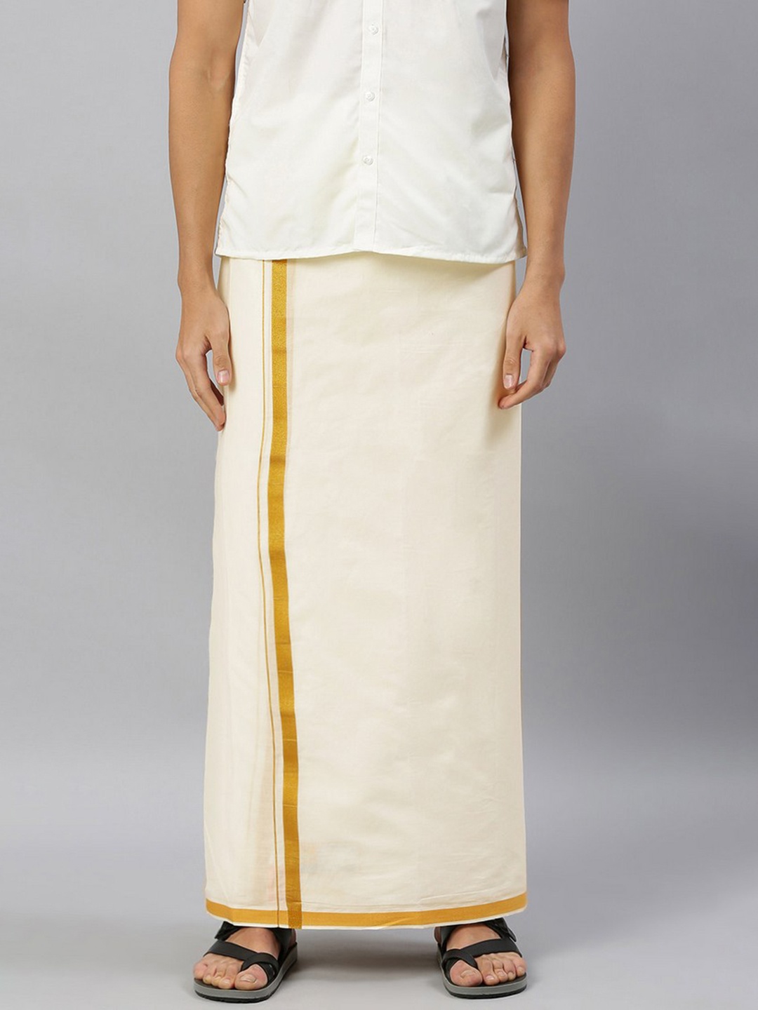 

Ramraj Men Pure Cotton Dhoti Gold Zari Border, White