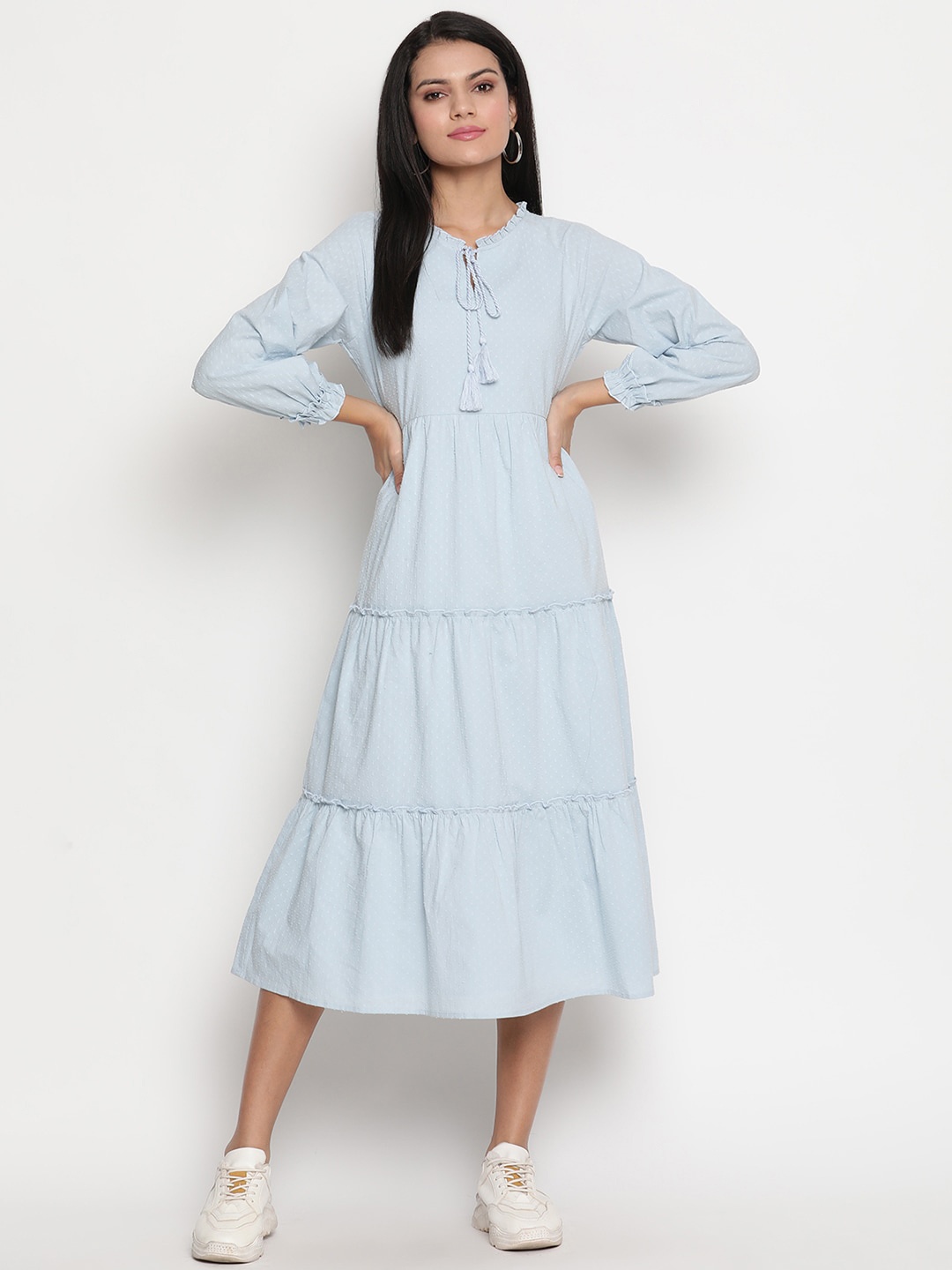 HOUSE OF KKARMA Tie-Up Neck A-Line Cotton Midi Dress, Blue