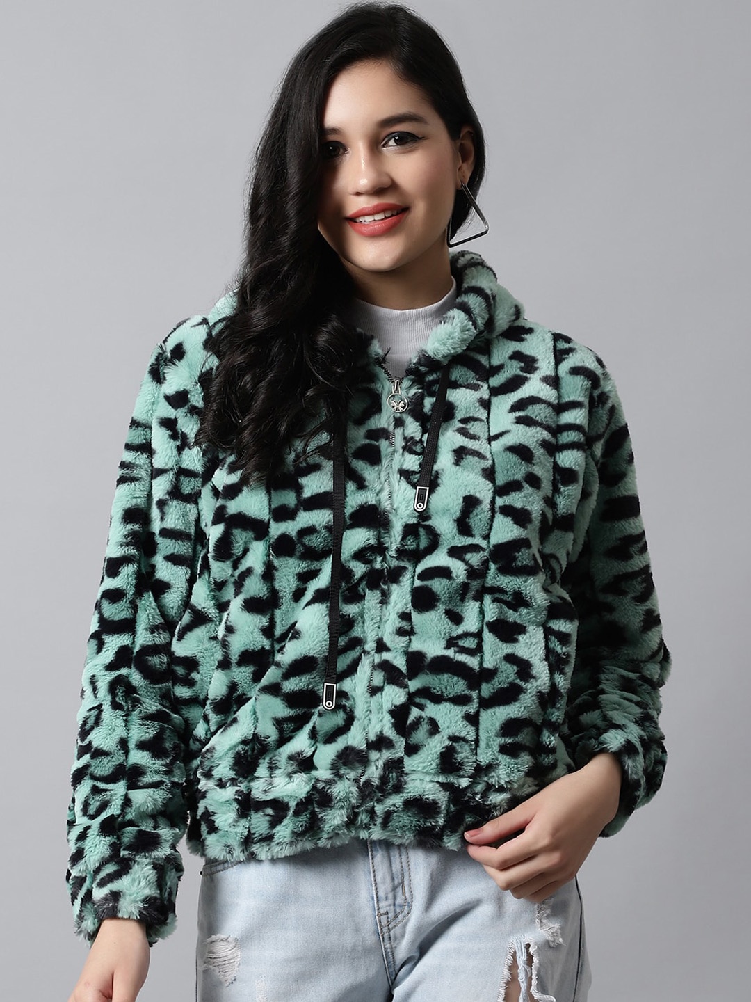 

Gallus Women Animal Front Open Hooded Acrylic Sweater, Sea green