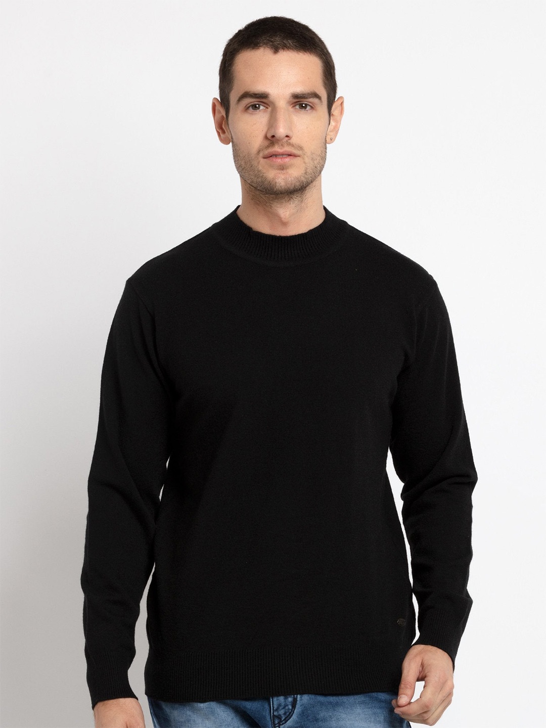 Status Quo Round Neck Pullover Ribbed Acrylic Sweaters, Black