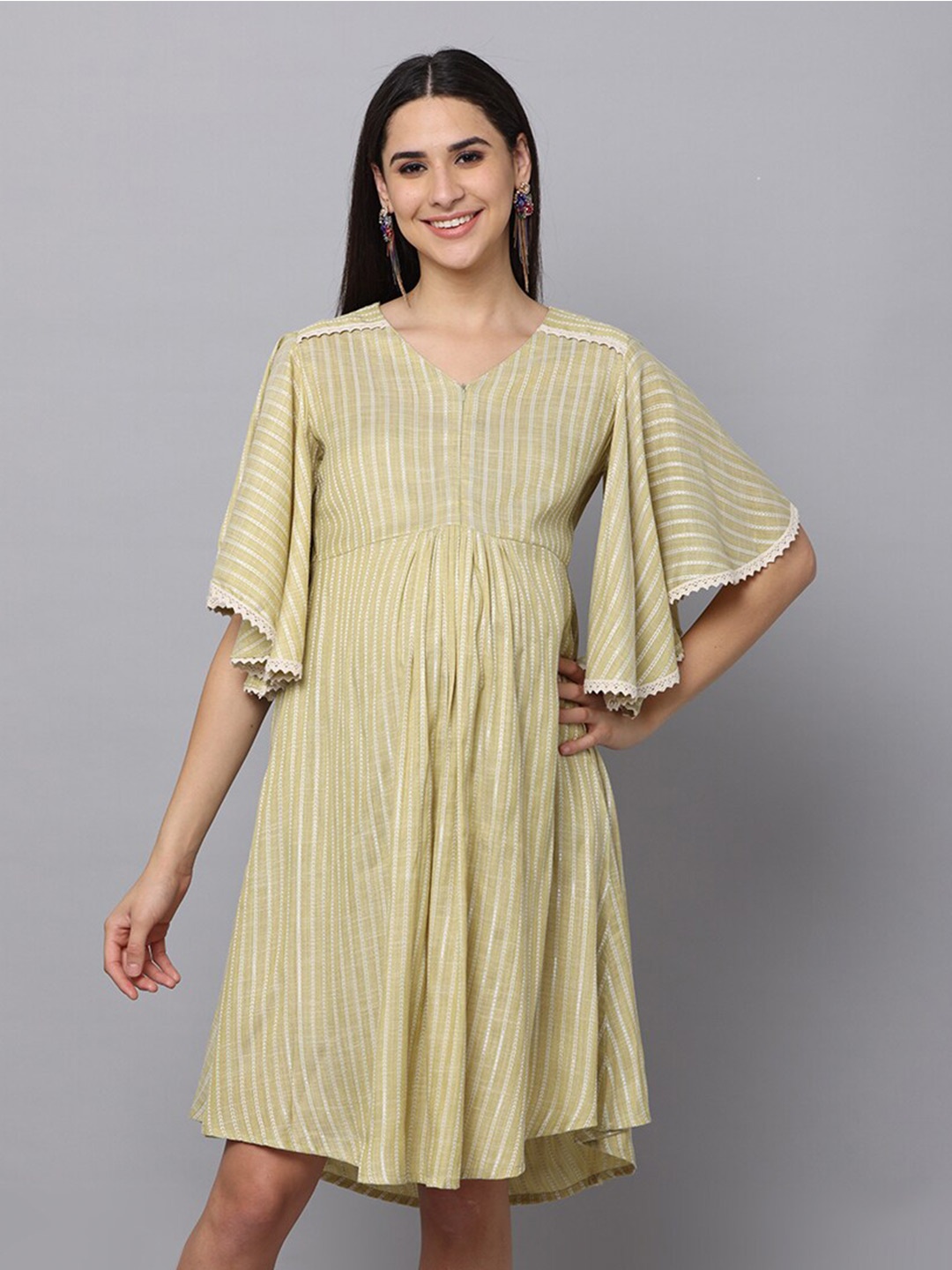

The Mom Store Striped Maternity A-Line Cotton Dress, Green