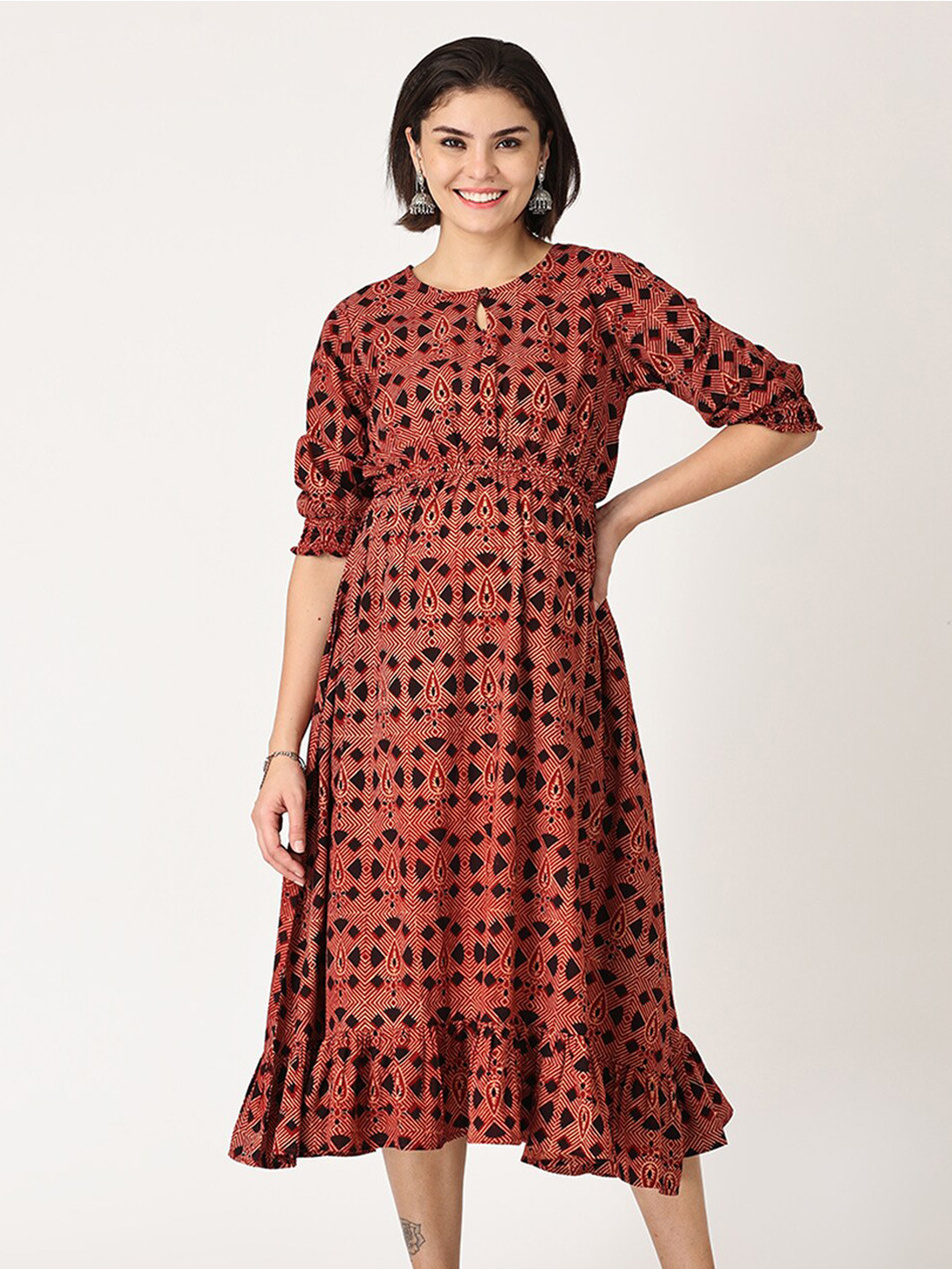 

The Mom Store Printed Maternity Cotton Midi Dress, Brown