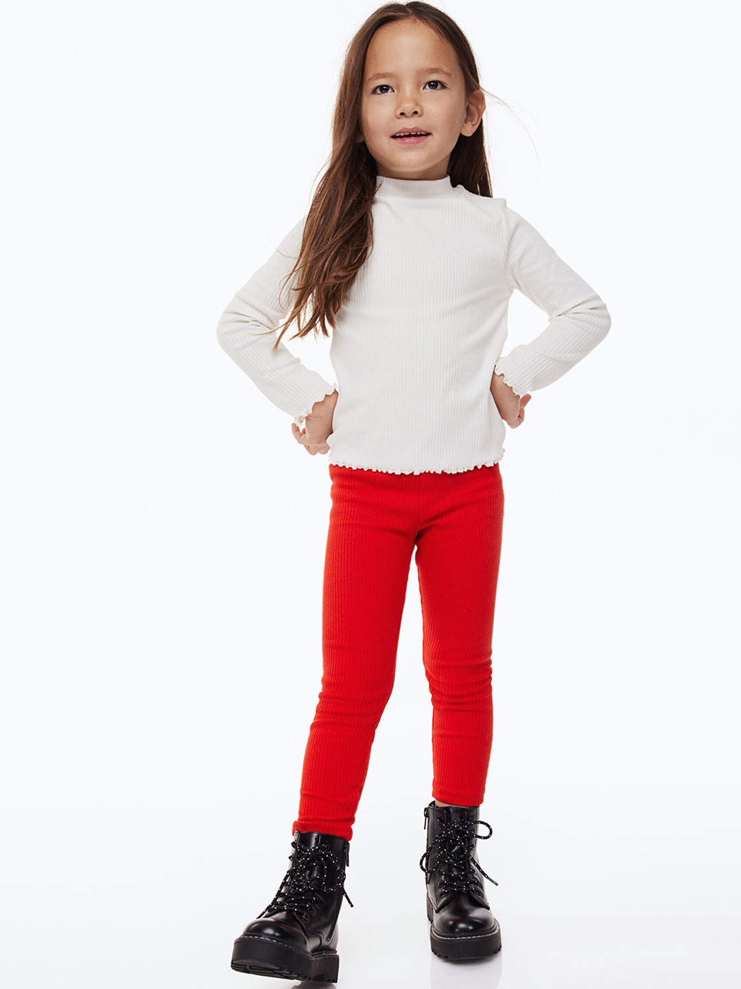 

H&M Girls Ribbed Cotton Leggings, Red