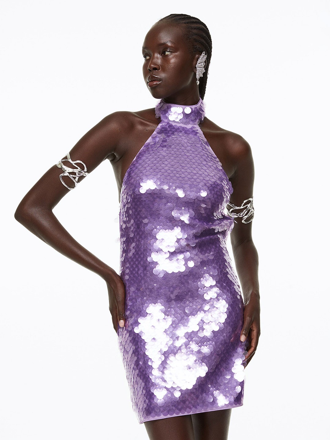 

H&M Women Halterneck Sequined Mini Dress, Purple
