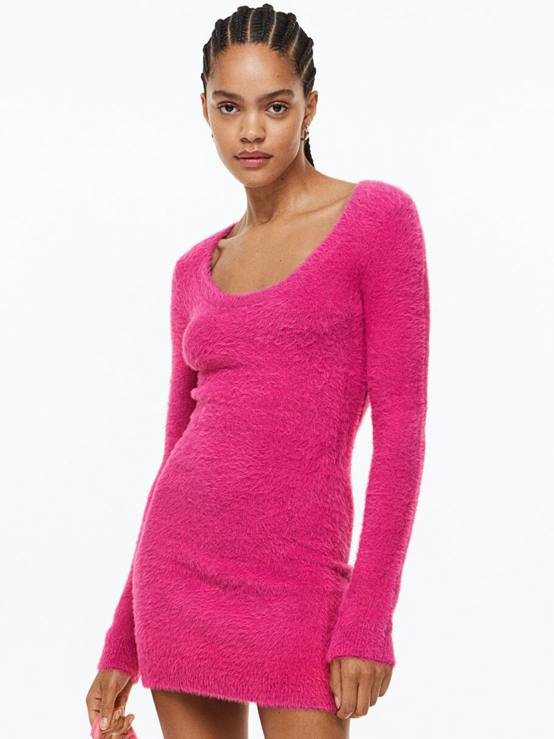 

H&M Women Fluffy-Knit Bodycon Dress, Pink