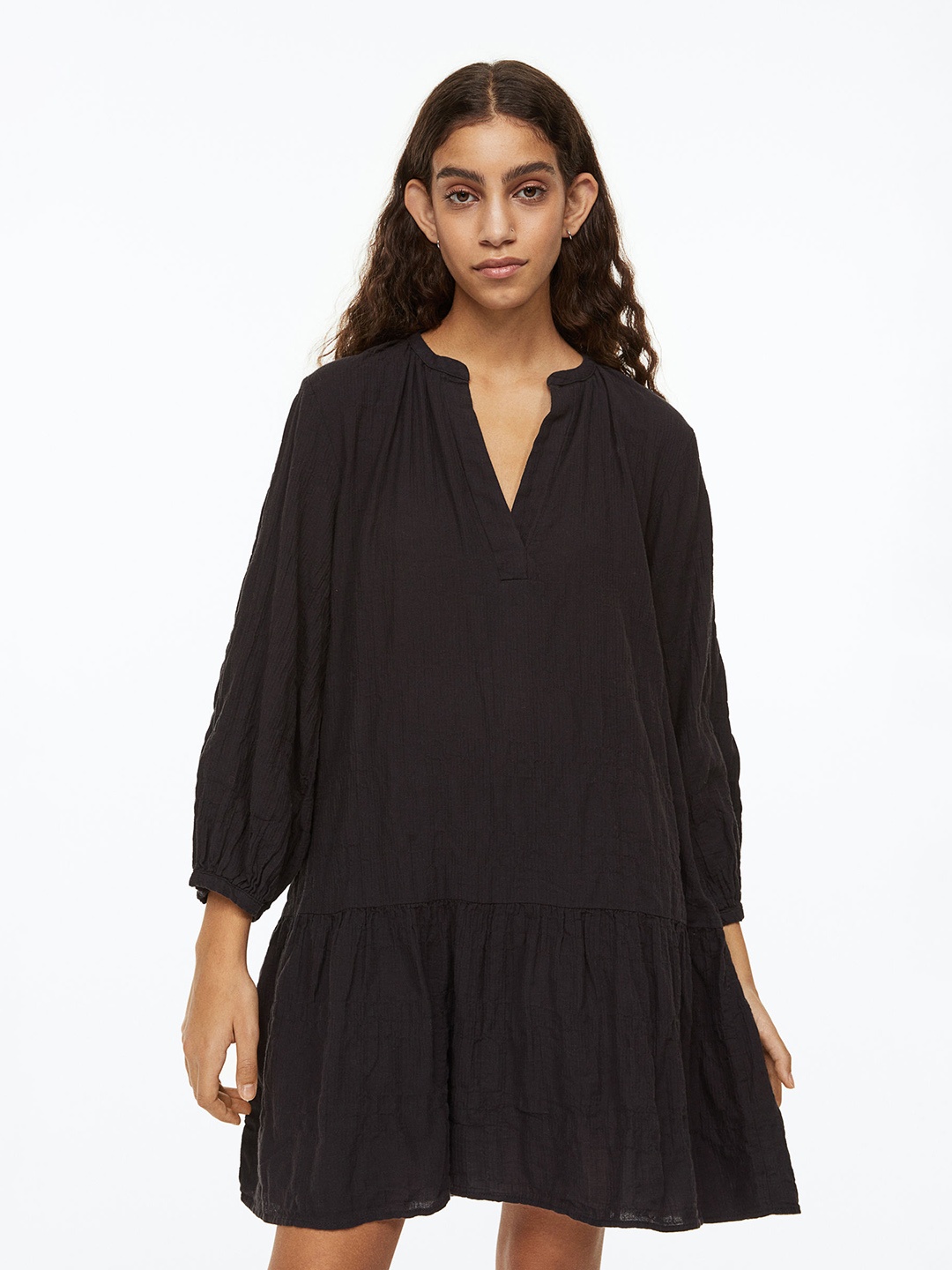 

H&M Women V-Neck Drop-Waist Cotton Dress, Black
