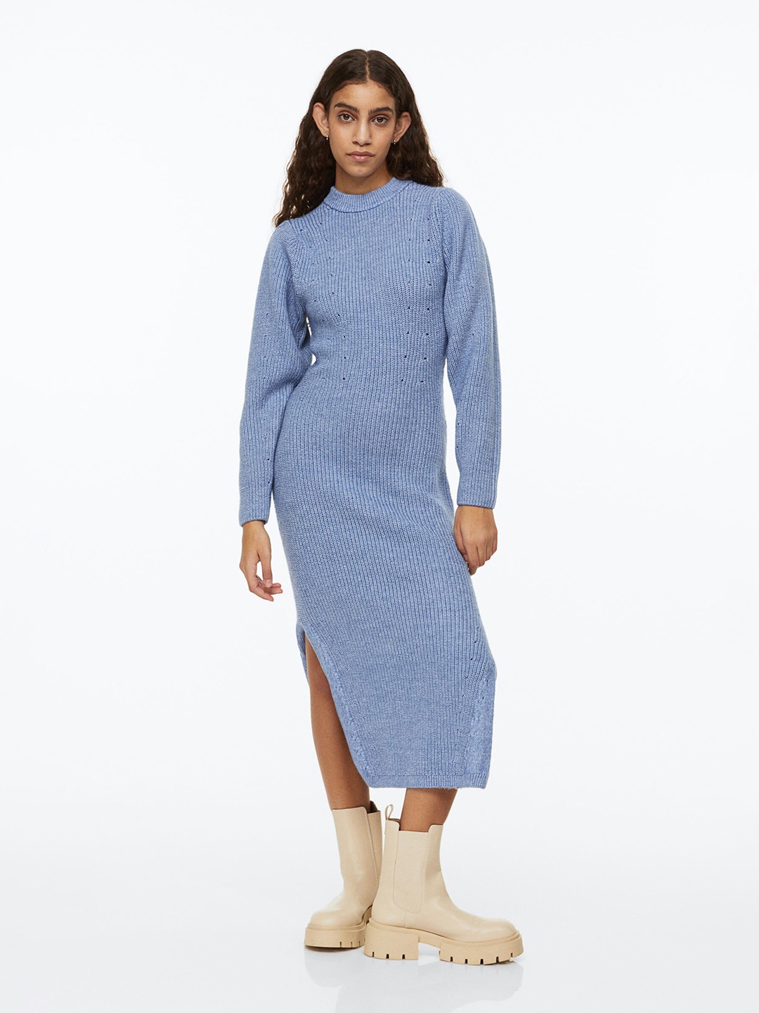 

H&M Women Puff-Sleeved Rib-Knit Dress, Blue