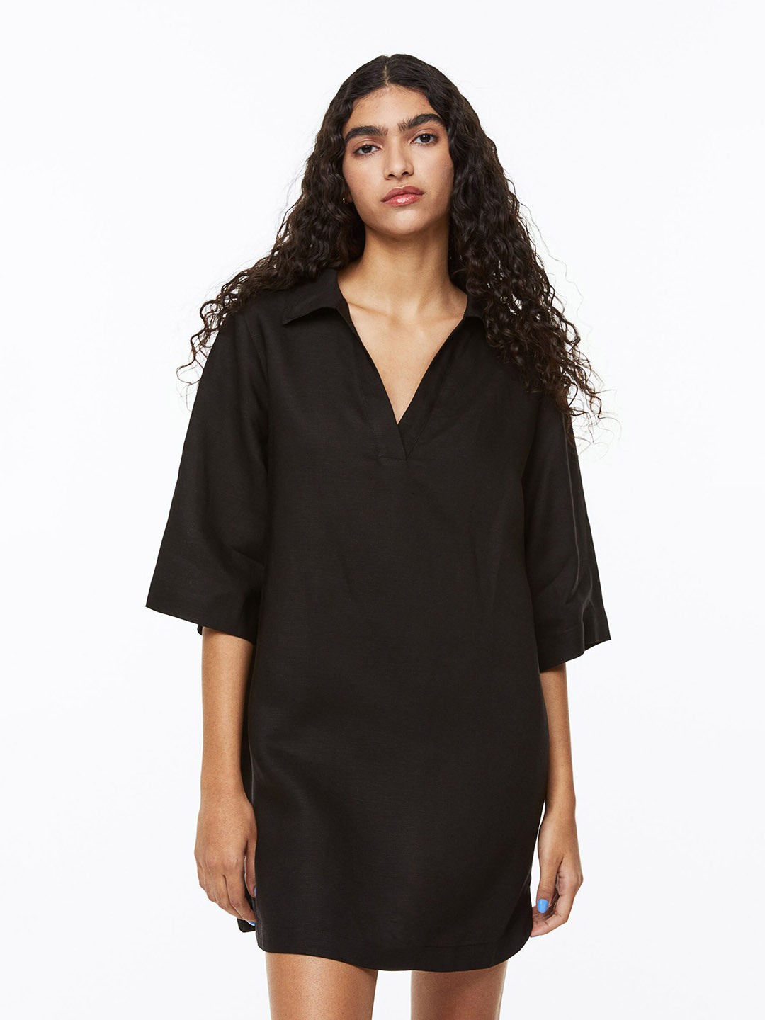 

H&M Women Linen-Blend Collared Dress, Black