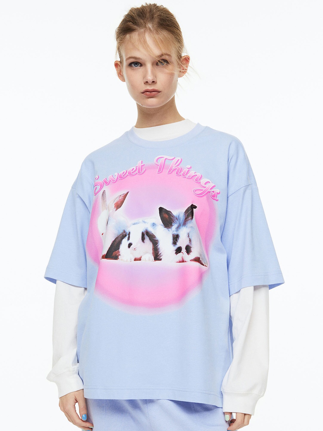 

H&M Women Printed T-shirt, Turquoise blue