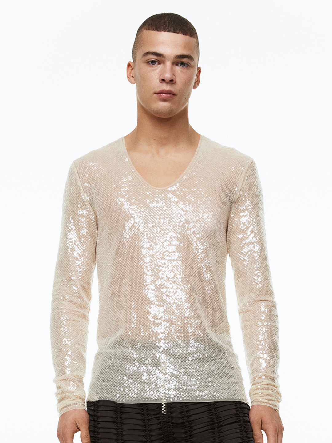 

H&M Men Oversized Sequined Top, Beige