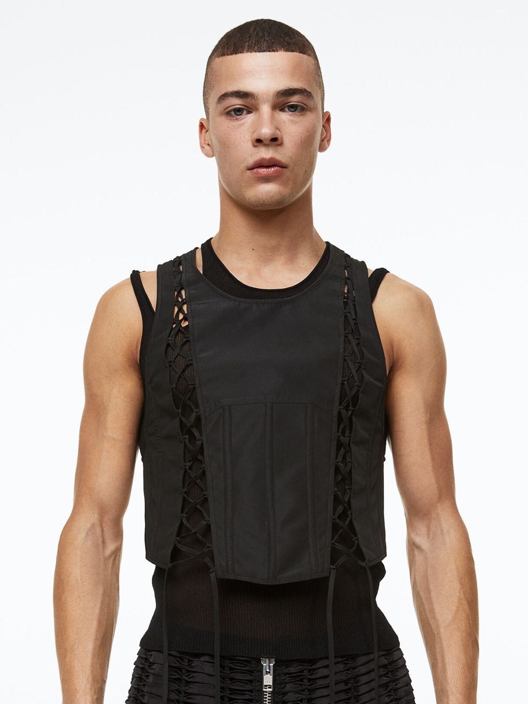 

H&M Men Satin Lace-Up Top, Black