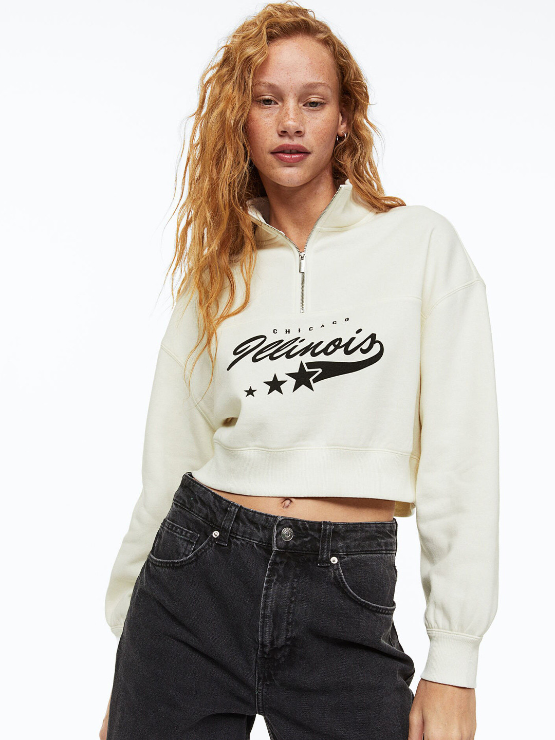 

H&M Women Printed Zip-Top Sweatshirt, Off white