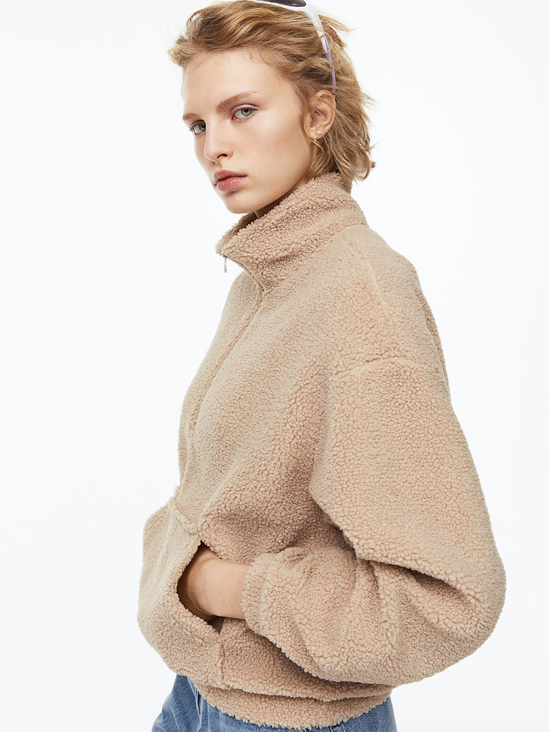 

H&M Women Zip-Top Teddy Sweatshirt, Beige