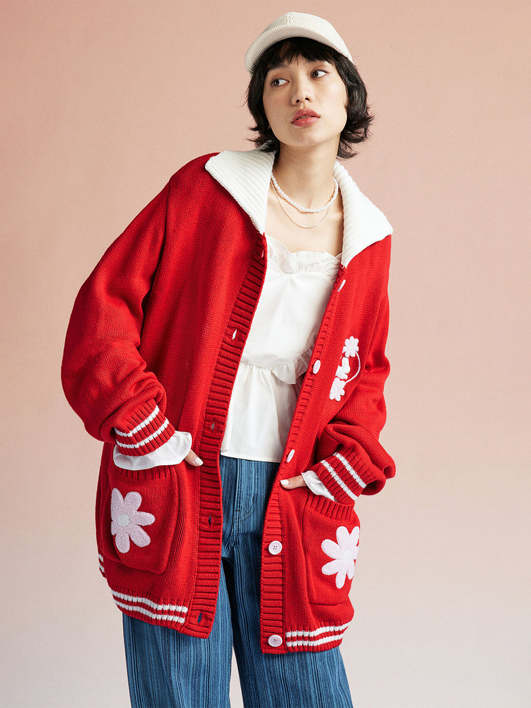 

H&M Women Oversized Collared Acrylic Cardigan, Red