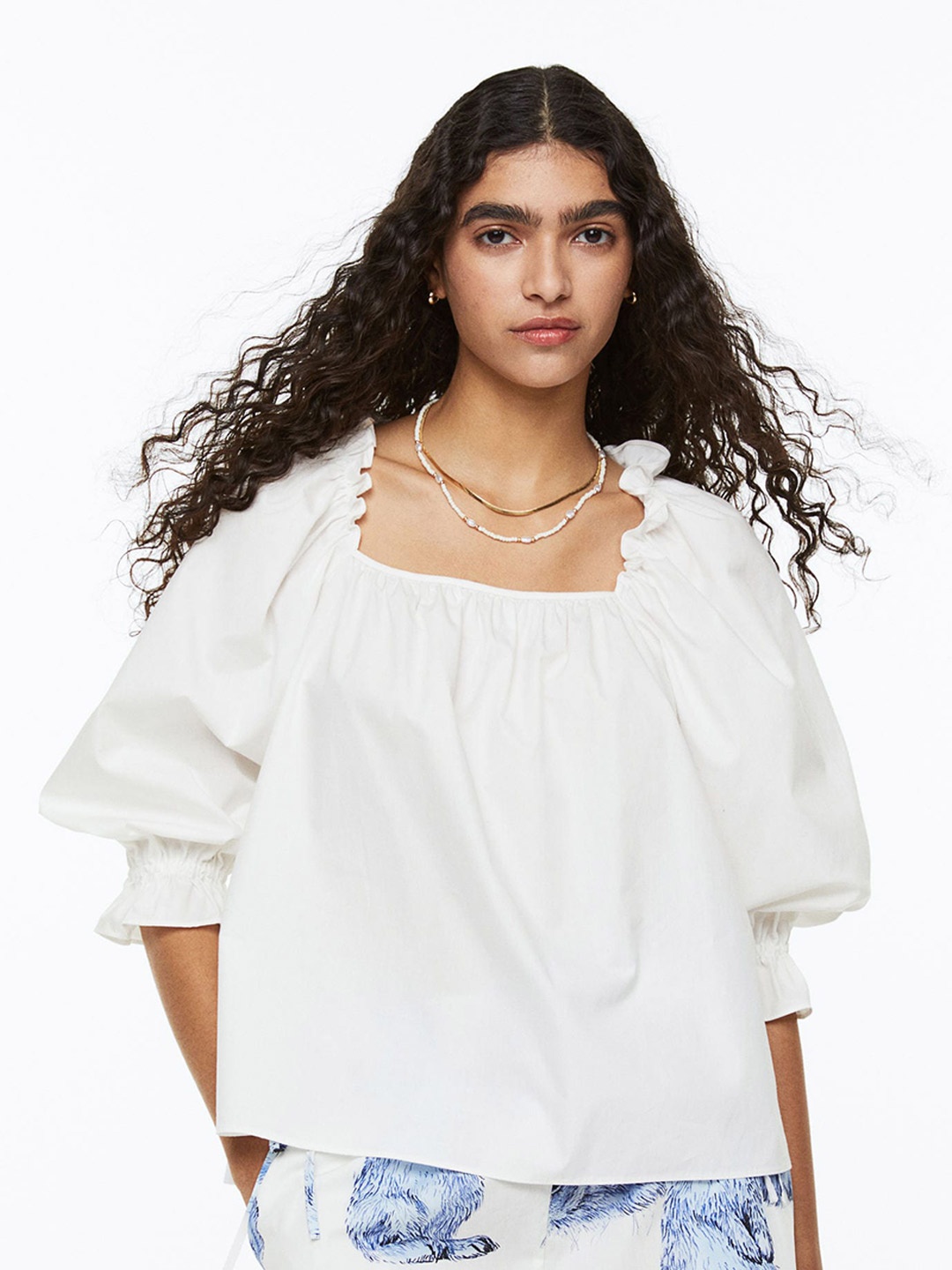 

H&M Women Frill-Trimmed Cotton Blouse, White