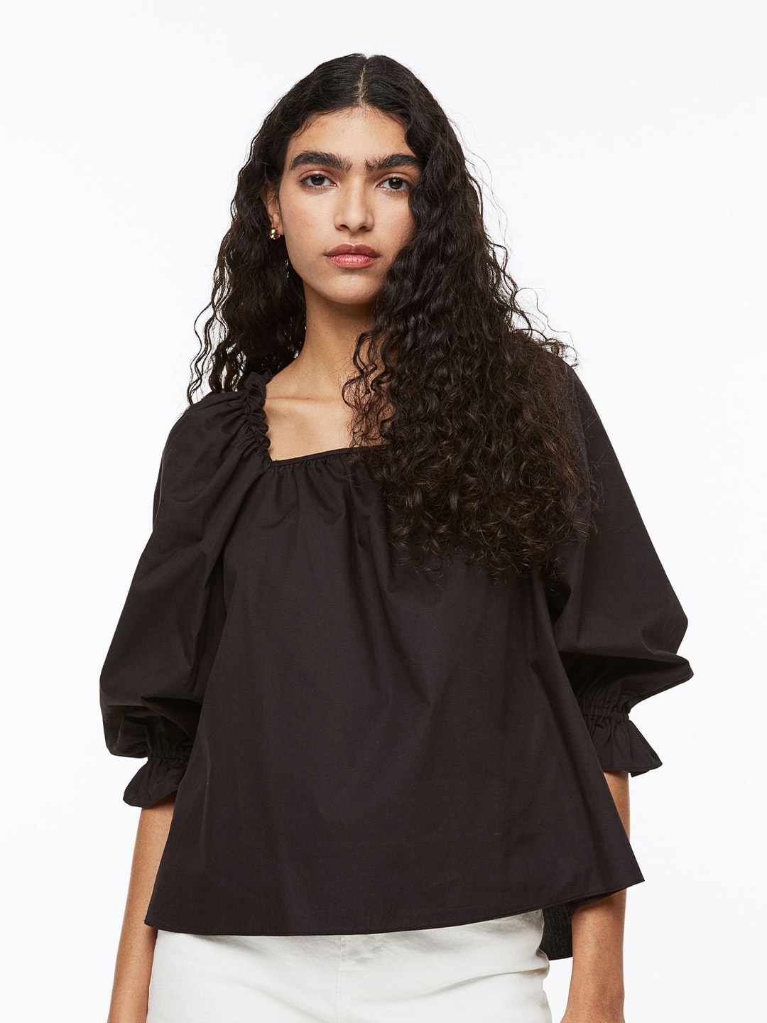 

H&M Women Frill-trimmed Pure Cotton Blouse, Black
