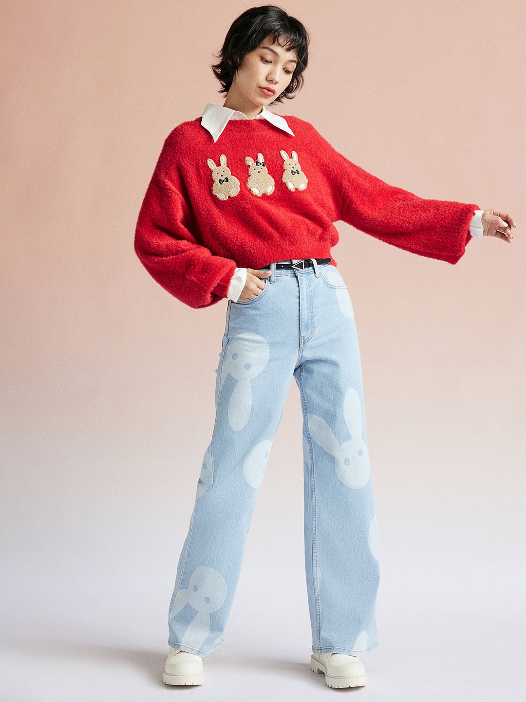 

H&M Women Motif-Detail Fluffy-Knit Jumper, Red