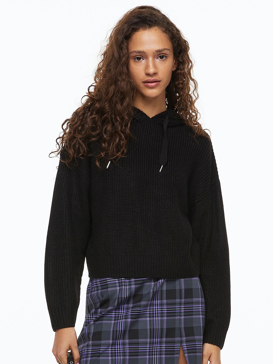 H&M Women Acrylic Knitted Hoodie, Black
