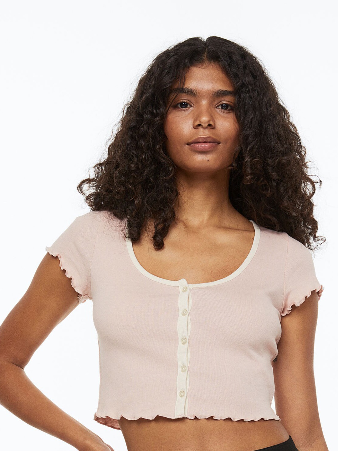 

H&M Women Button-front Cropped Top, Pink
