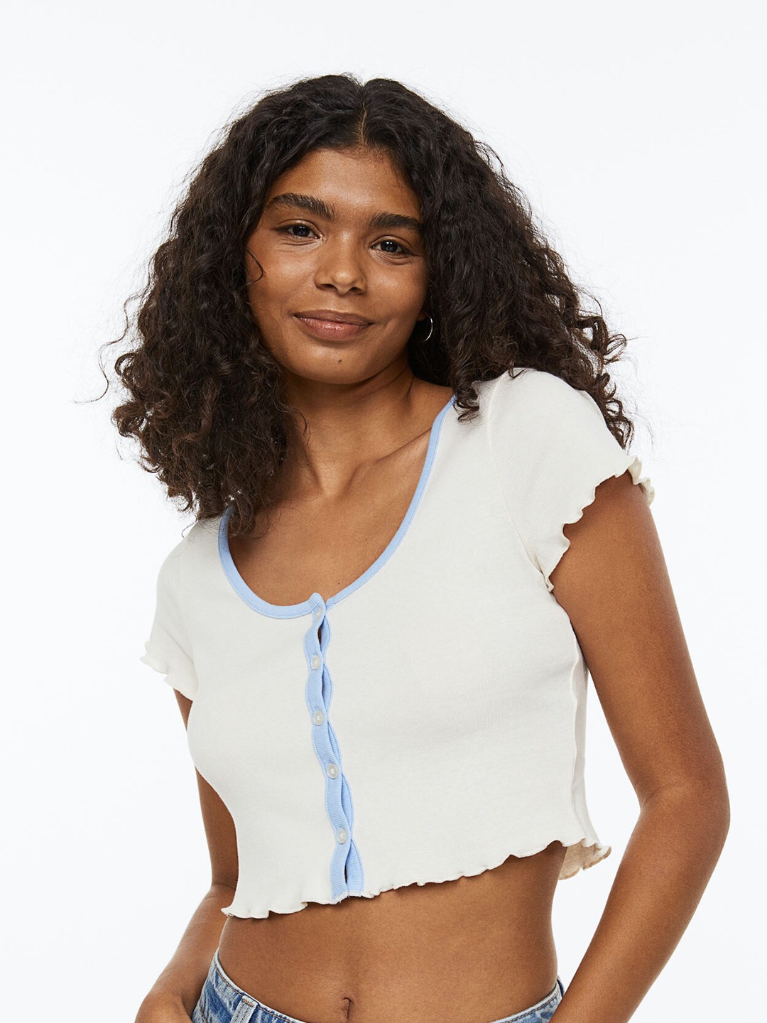 

H&M Women Button-front Cropped Top, White