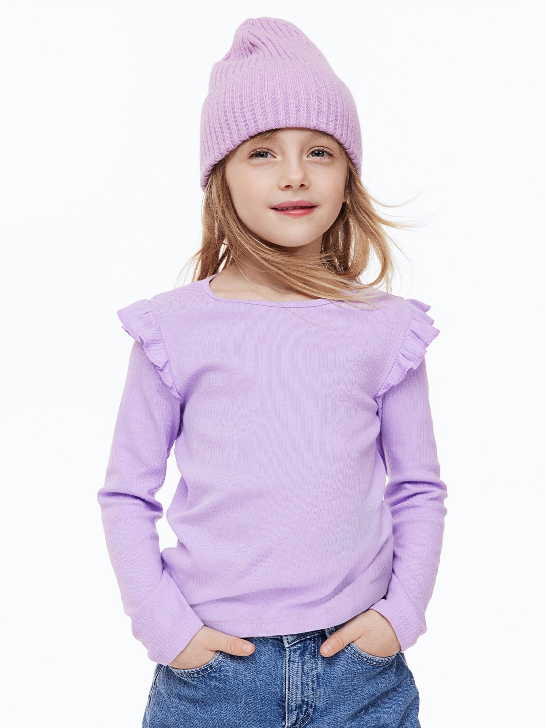 

H&M Girls Flounce-Trimmed Ribbed Top, Purple