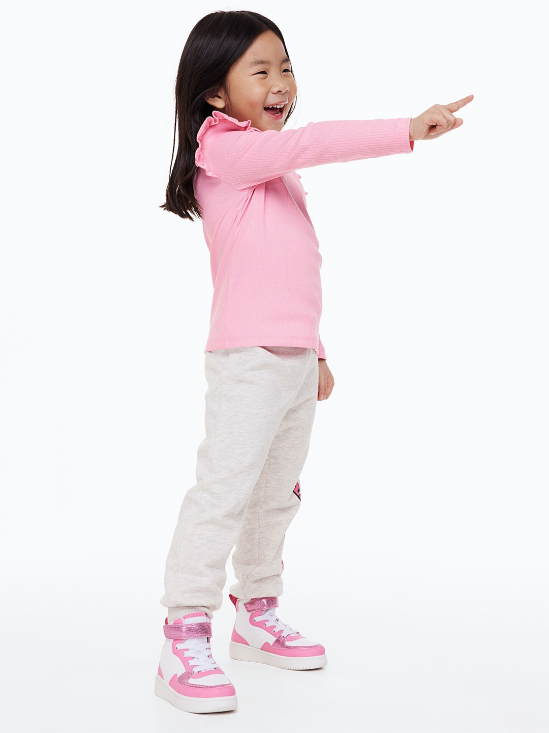 H&M Girls Flounce-trimmed Ribbed Top, Pink