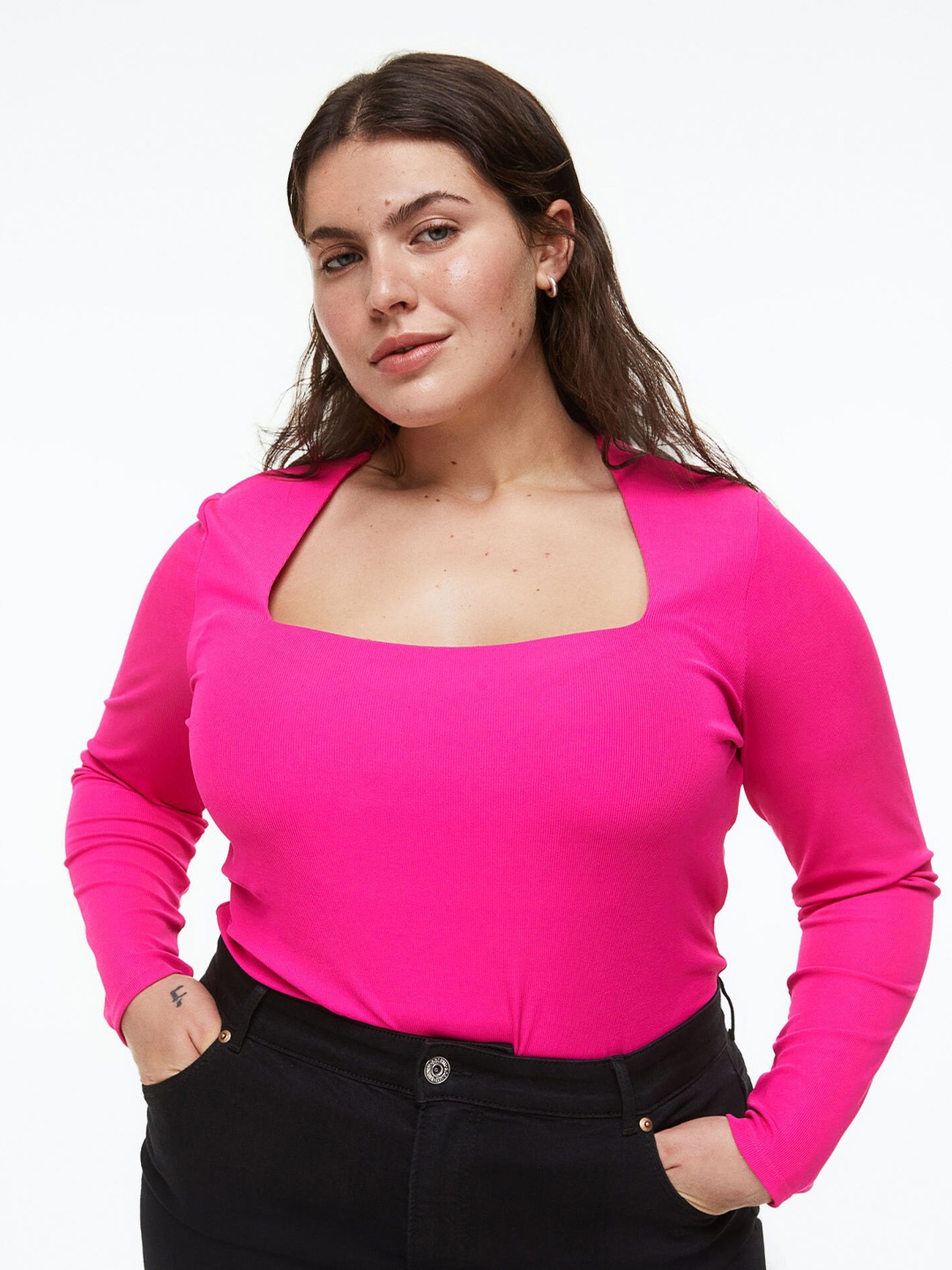 

H&M+ Plus Size Long-sleeved Jersey Top, Pink