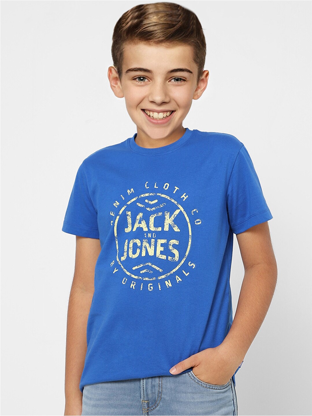 Jack & Jones Junior Boys Cotton Typography Printed T-shirt, Blue