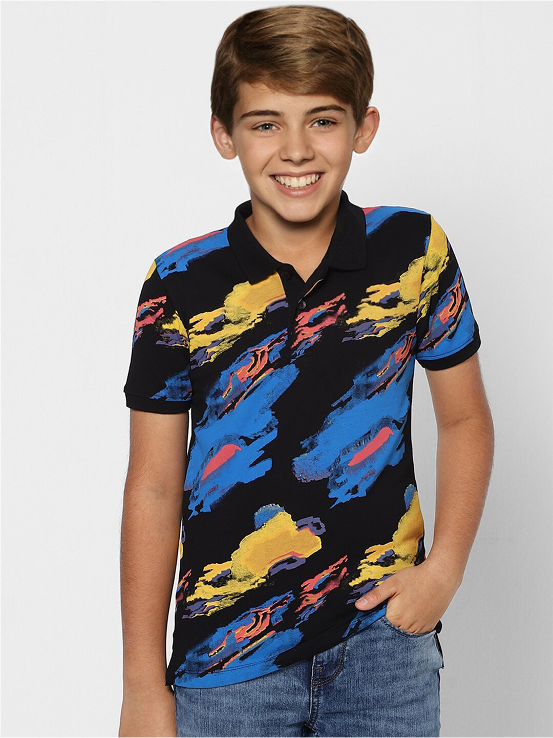 

Jack & Jones Junior Boys Printed Polo Collar Cotton T-shirt, Black