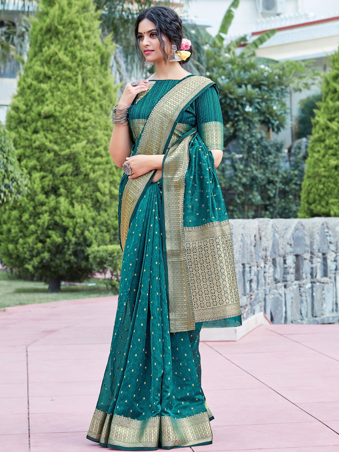 

SANGAM PRINTS Woven Design Zari Organza Saree, Teal