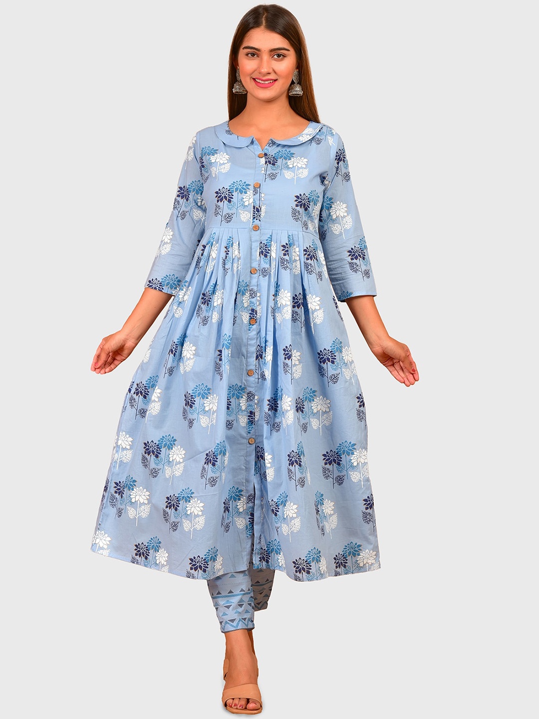 

ERISHA Women Floral Printed Pure Cotton Kurta With Trousers, Blue