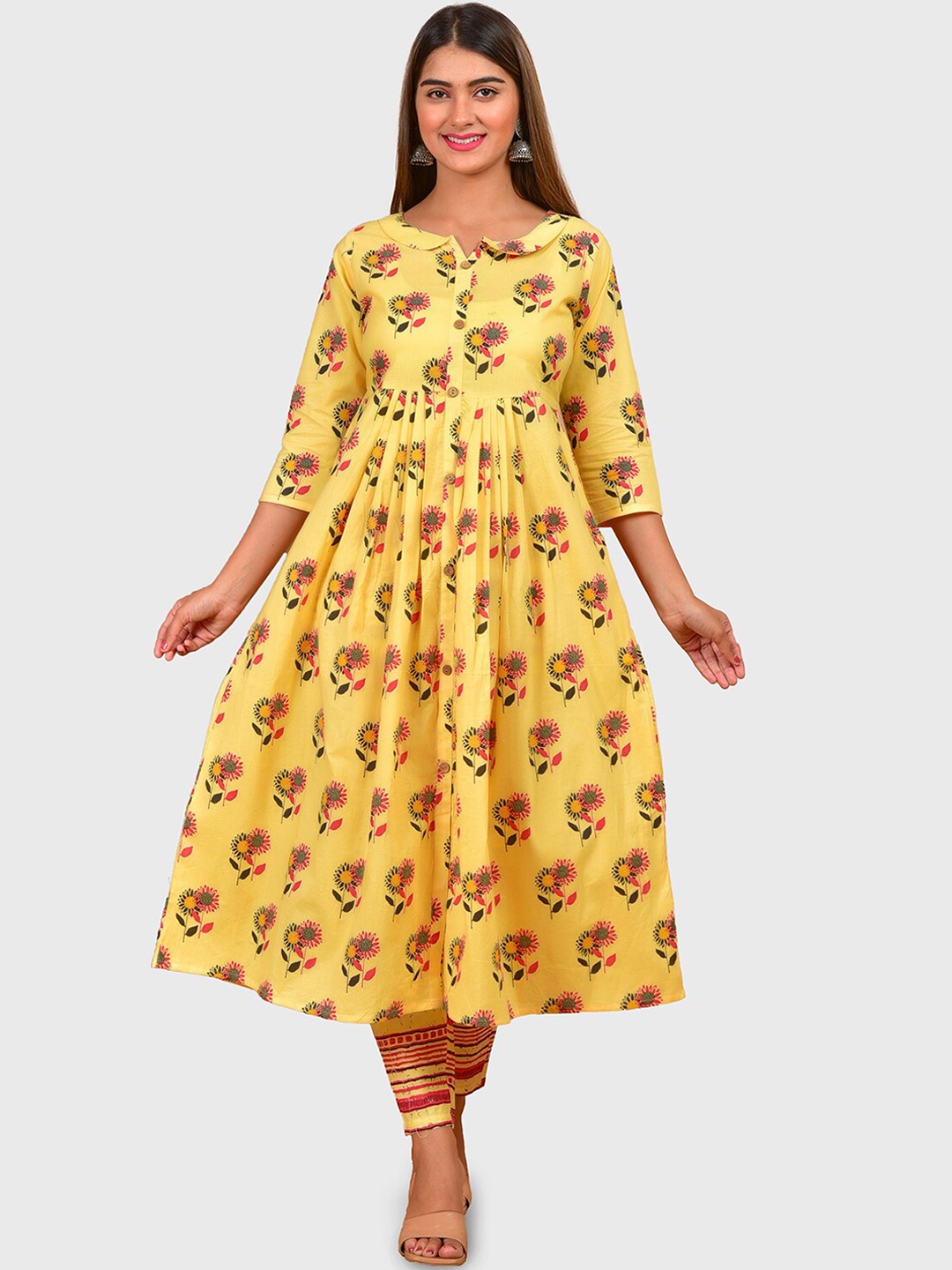 

ERISHA Women Floral Printed Pure Cotton Kurta With Trousers, Yellow