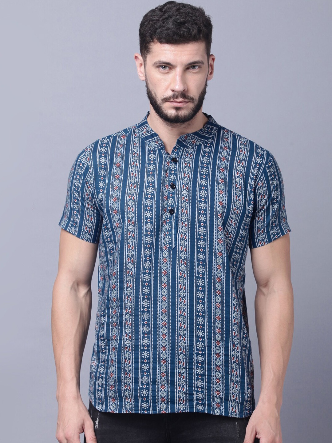 

THE EG STORE Floral Printed Short Pure Cotton Kurta, Blue