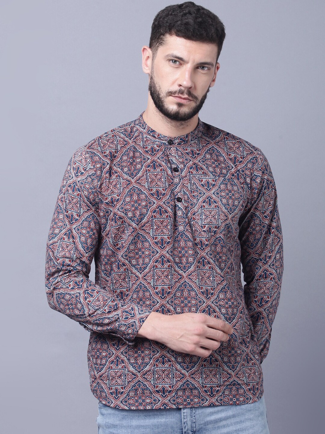 

THE EG STORE Ethnic Motifs Printed Straight Cotton Kurta, Brown
