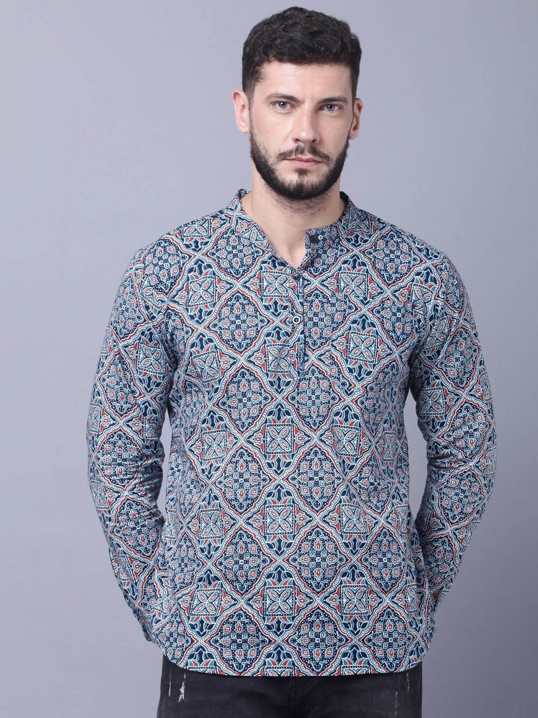 

THE EG STORE Ethnic Motifs Printed Band Collar Straight Cotton Kurta, Blue