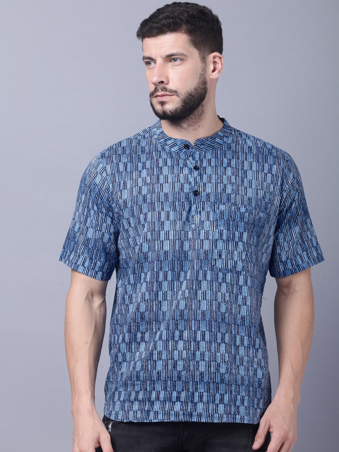

THE EG STORE Geometric Woven Design Mandarin Collar Cotton Kurta, Blue